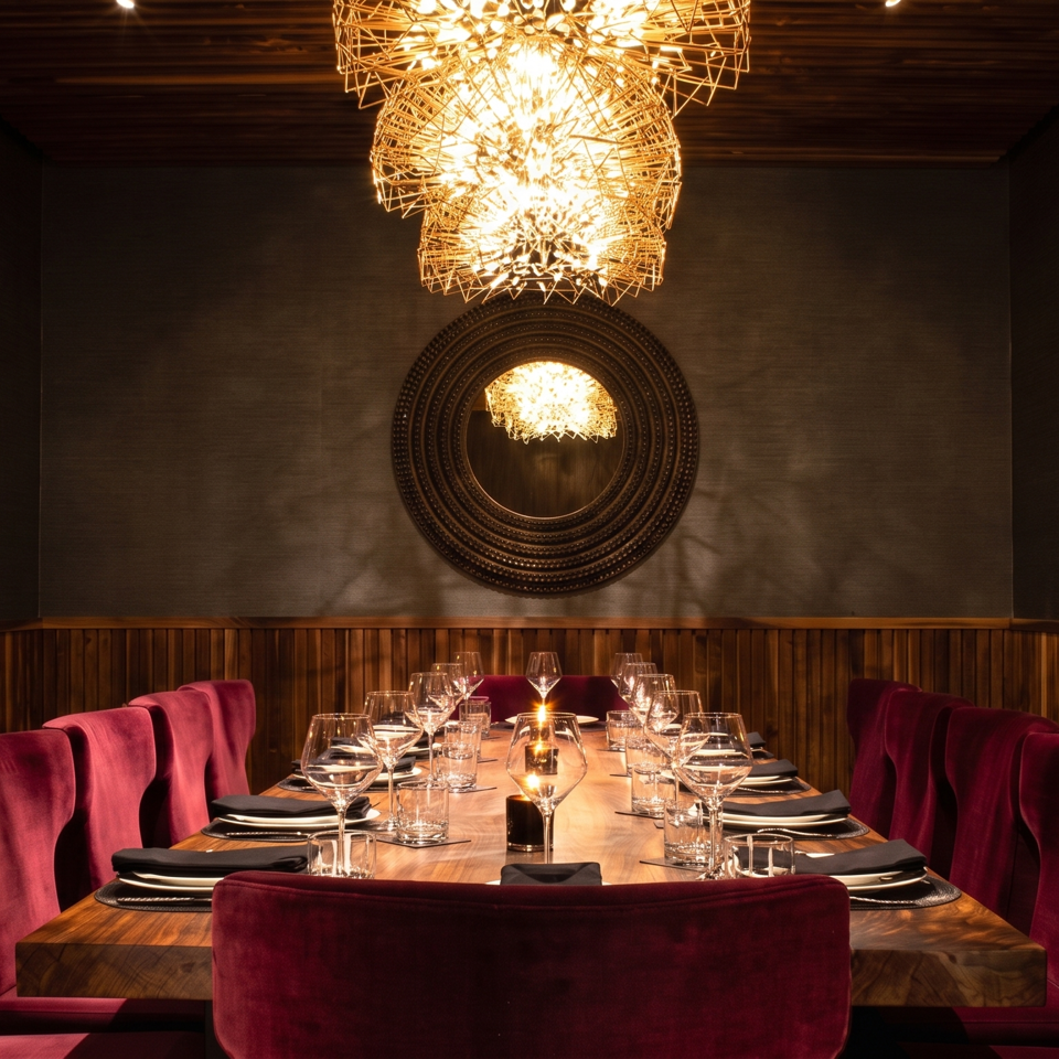 Elegant restaurant dining room with a candlelit wooden table, burgundy velvet chairs, colorful wall art, and sculptural chandeliers.