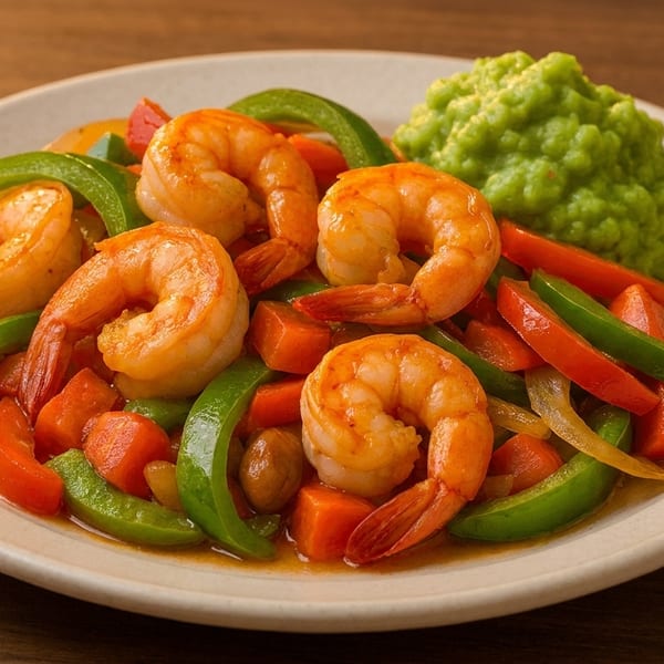 Shrimp fajitas with bell peppers, onions, and carrots, served with a side of guacamole.