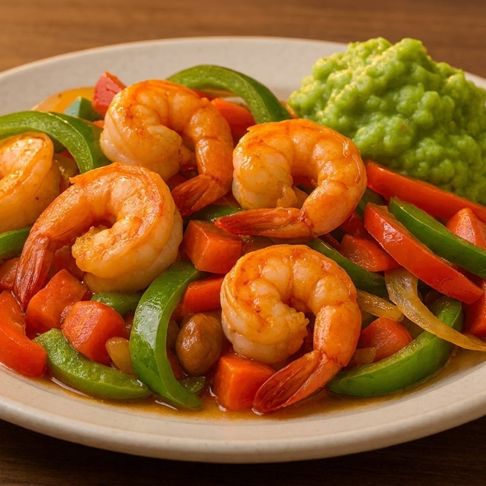 Shrimp fajitas with bell peppers, onions, carrots, and a side of green mashed peas.