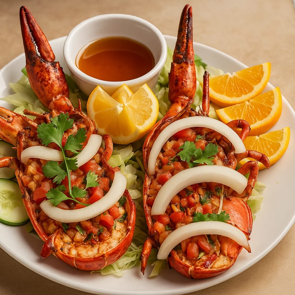 Two lobster halves topped with diced tomatoes, onions, and cilantro, served with lettuce, cucumber, orange wedges, and dipping sauce.