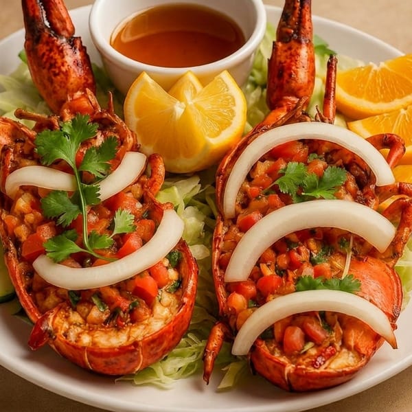 Two grilled lobsters with tomato salsa, onions, cilantro, cucumber, oranges, and dipping sauce.