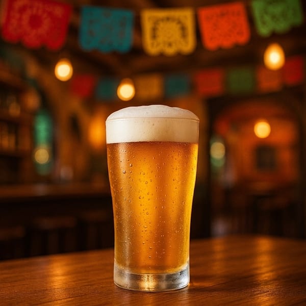 A frosty glass of beer with foam sits on a wooden table in a festive, dimly lit bar.