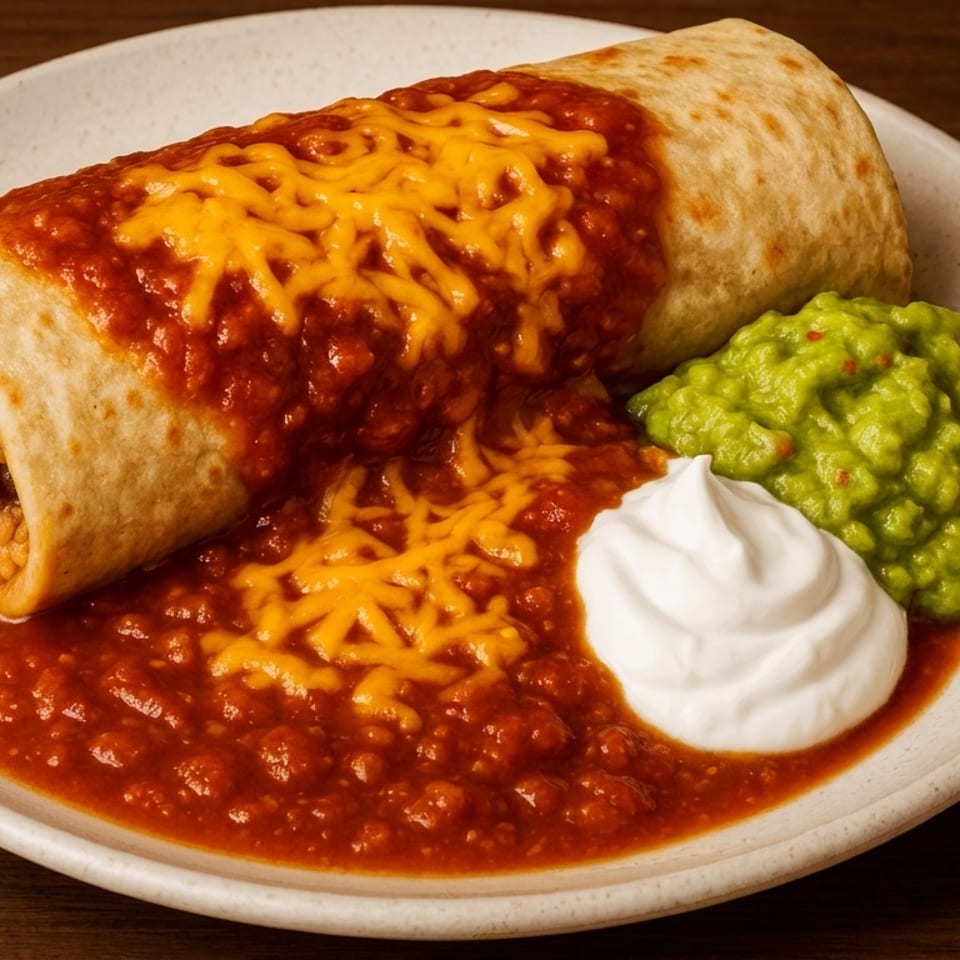 A large burrito covered in red sauce and melted cheese, with guacamole and sour cream on the side.