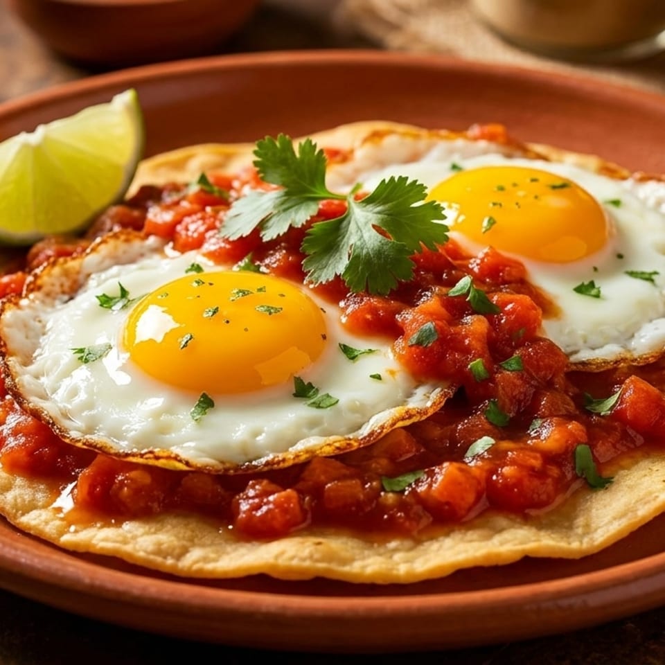 Huevos rancheros with two fried eggs, salsa, cilantro, and a lime wedge on a brown plate.