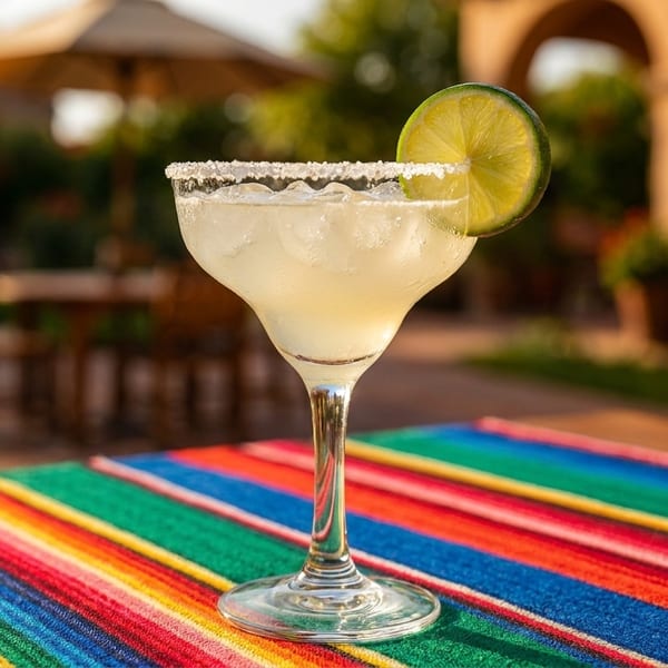 Margarita with a lime wedge on a colorful striped tablecloth, with an outdoor patio in the background.
