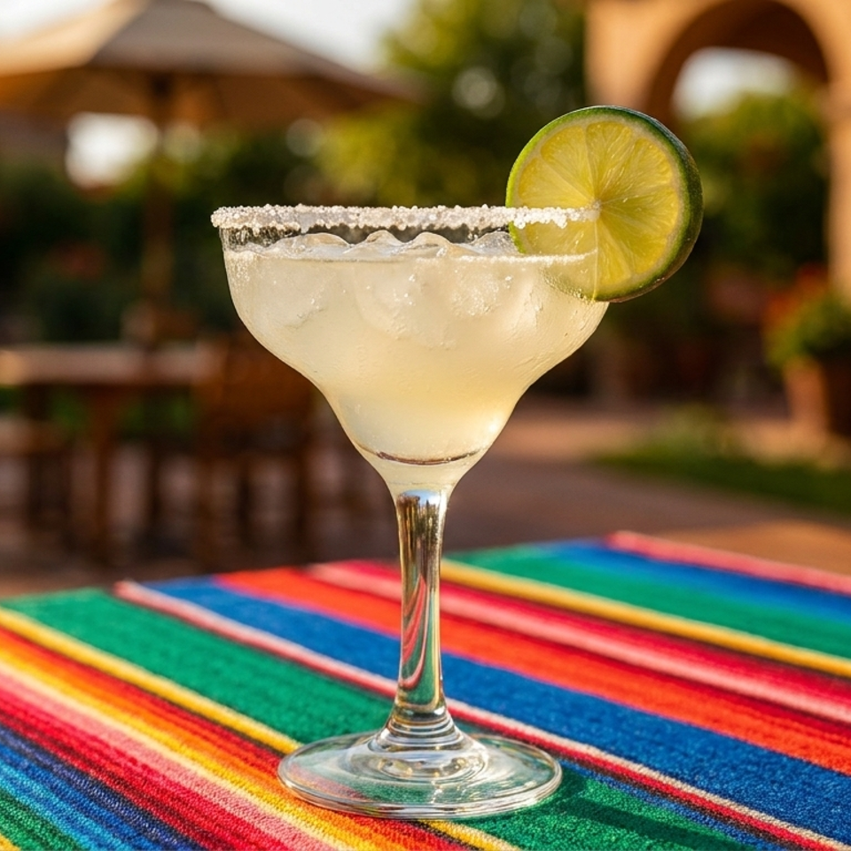 Margarita with a lime wedge on a colorful striped tablecloth, with an outdoor patio in the background.