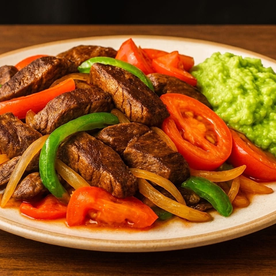 Plated Lomo Saltado with steak, bell peppers, tomatoes, onions, and a side of green mashed peas.