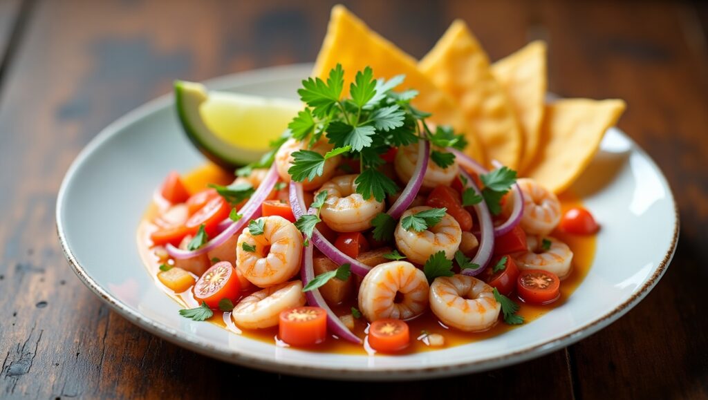 Shrimp Salad with Tomatoes, Red Onions, and Lime Wedge