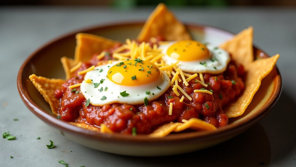 Tortilla Chips with Chili, Fried Eggs, and Shredded Cheese