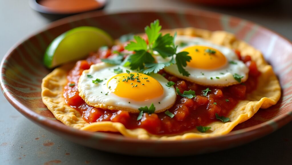 Fried Eggs on Tortilla with Salsa, Cilantro, and Lime