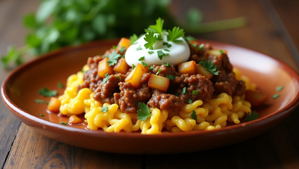 Macaroni with Ground Beef, Potatoes, Parsley, and Sour Cream