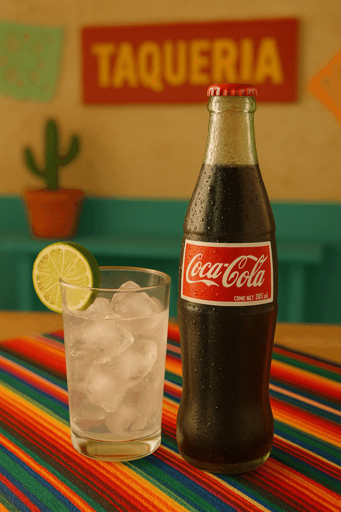Coca-Cola with Ice and Lime on a Colorful Taqueria Background