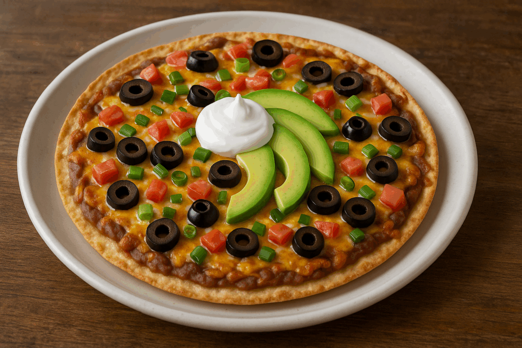 Flatbread Pizza with Beans, Cheese, Olives, Avocado, and Sour Cream