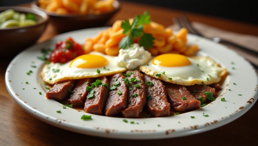 Grilled Steak with Fried Eggs, Fries, and Salsa