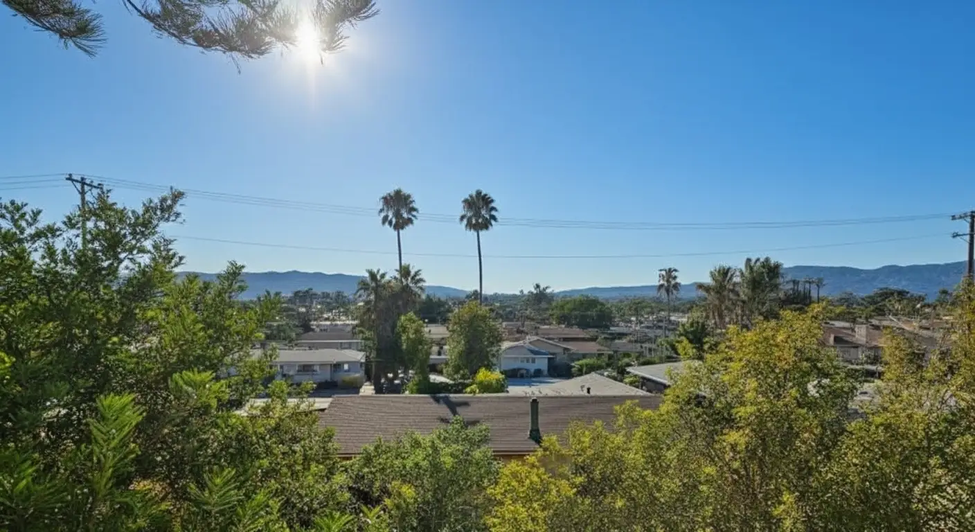 Scenic View of Palm Trees, Rooftops, and Mountains on a Sunny Day
