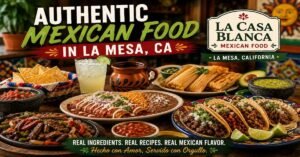 Authentic Mexican food spread at La Casa Blanca featuring tacos, tamales, enchiladas, fresh salsa, chips, guacamole, and traditional Mexican dishes in a vibrant restaurant setting.