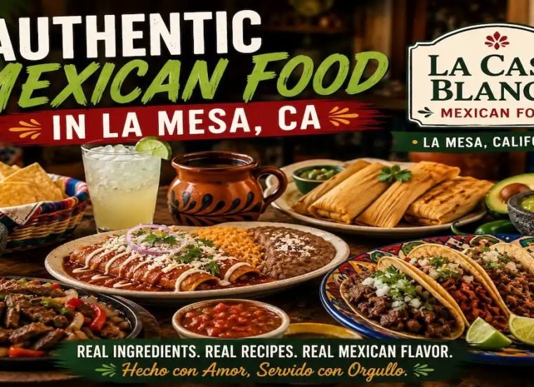 Authentic Mexican food spread at La Casa Blanca featuring tacos, tamales, enchiladas, fresh salsa, chips, guacamole, and traditional Mexican dishes in a vibrant restaurant setting.